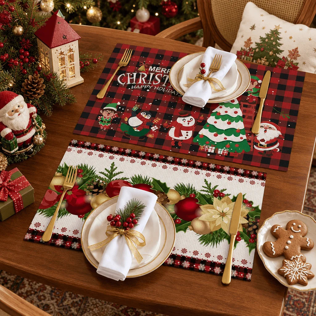 Christmas red Haig pattern linen meal printed rectangular table mat Christmas theme party western tableware mat
