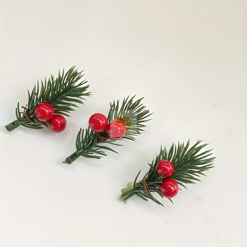 20 pieces of artificial Christmas pine branches with realistic red berries, plastic holiday flowers, DIY wreath accessories