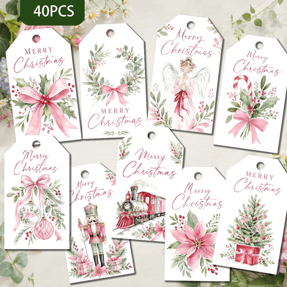 40pcs,Pink Girlish Gentle Christmas Decorative Tags,Holiday Gift Labels,Party Decorations, Handmade Packaging Accents, Jute Rope