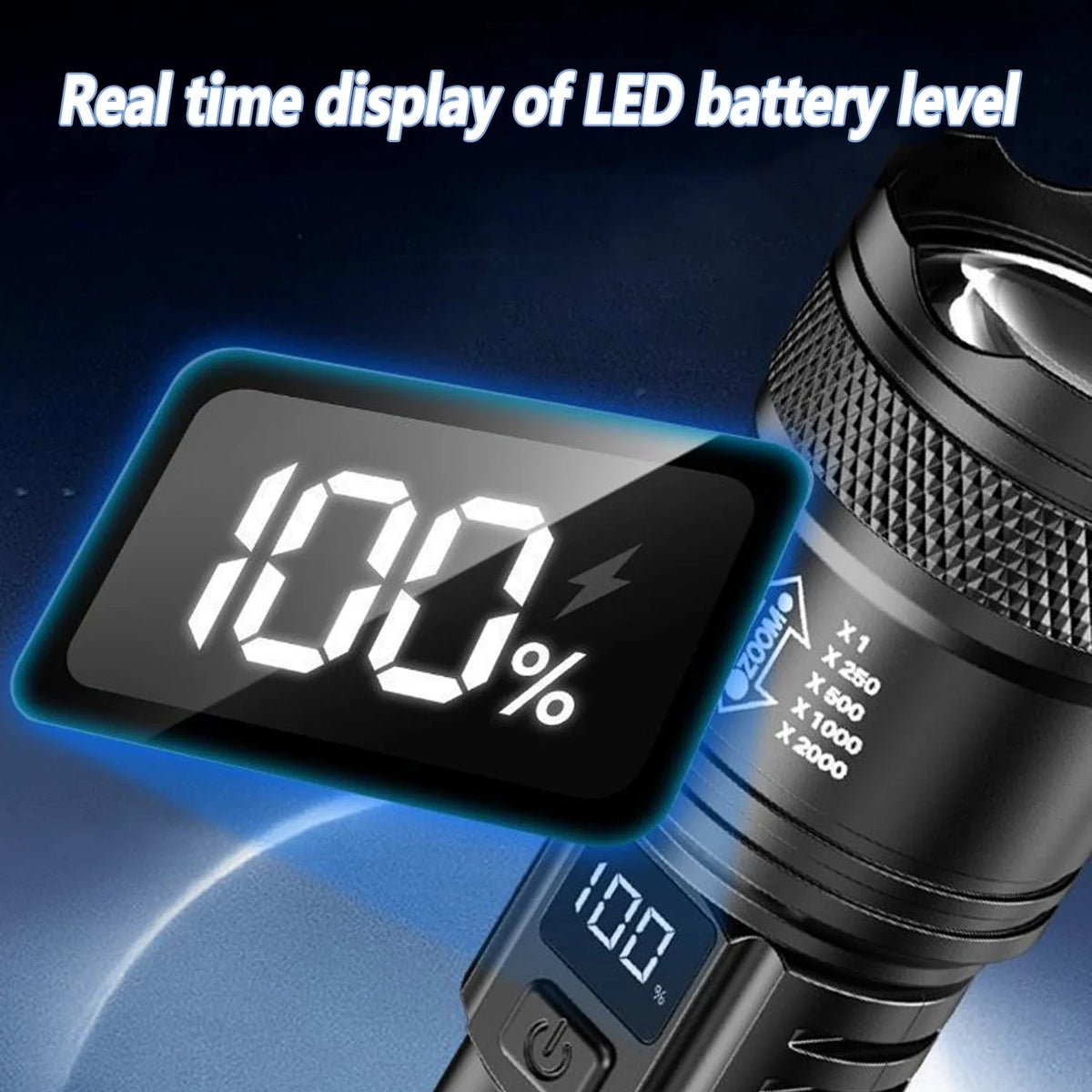 Rechargeable LED Flashlight Zoomable Torch with LCD Display 3 Modes Waterproof High Power Hand Light Outdoor Wilderness Camping