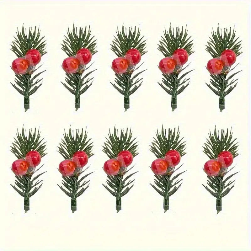 20 pieces of artificial Christmas pine branches with realistic red berries, plastic holiday flowers, DIY wreath accessories