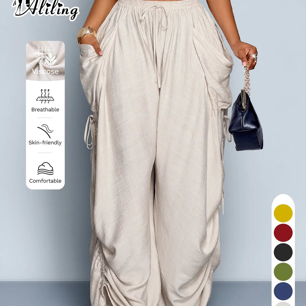 Women'S Casual Solid High Waist Wide Leg Pants, Side Drawstring Loose Long Pants, Large Pockets, All Seasons Fashion Office Wear Female Clothing Fit