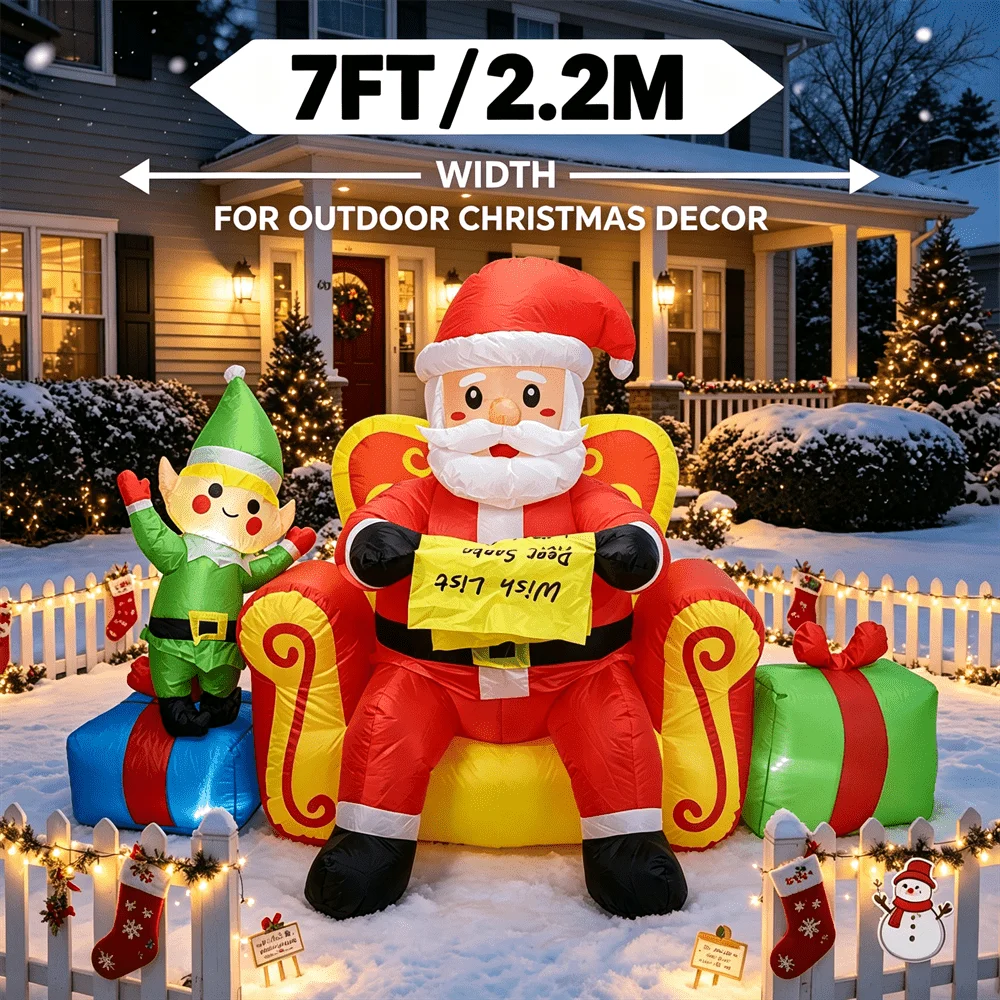 7FT Christmas Inflatable Toy LED Light Up Santa on Throne with Elf Wish List Inflatable Yard Decor Outdoor Lawn Xmas Decoration