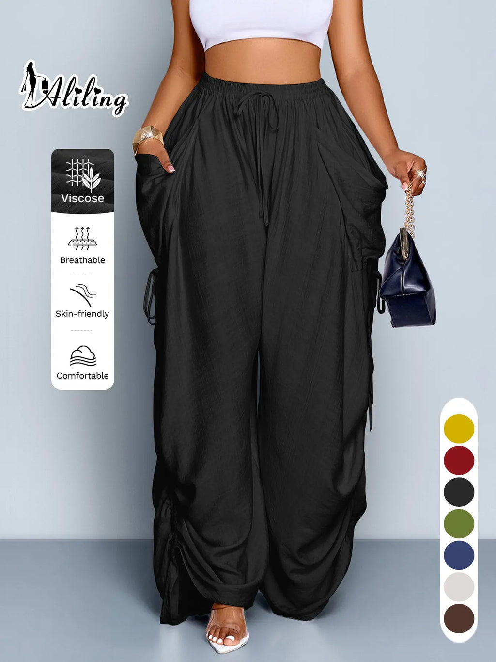 Women'S Casual Solid High Waist Wide Leg Pants, Side Drawstring Loose Long Pants, Large Pockets, All Seasons Fashion Office Wear Female Clothing Fit