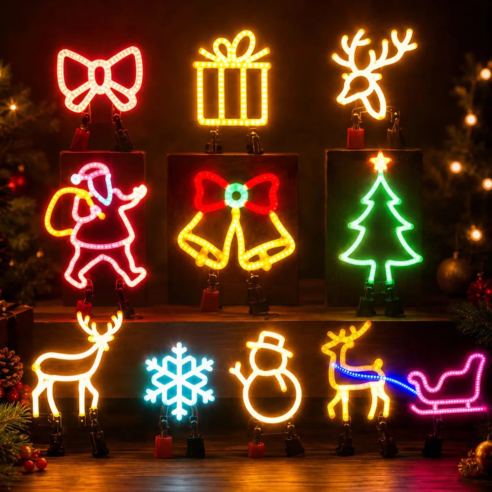 Christmas Decoration LED Neon Sign Light Deer Head LED Lamp Christmas Hat Elk Tree Snowflake Decor Room Wall Shop Window Hang