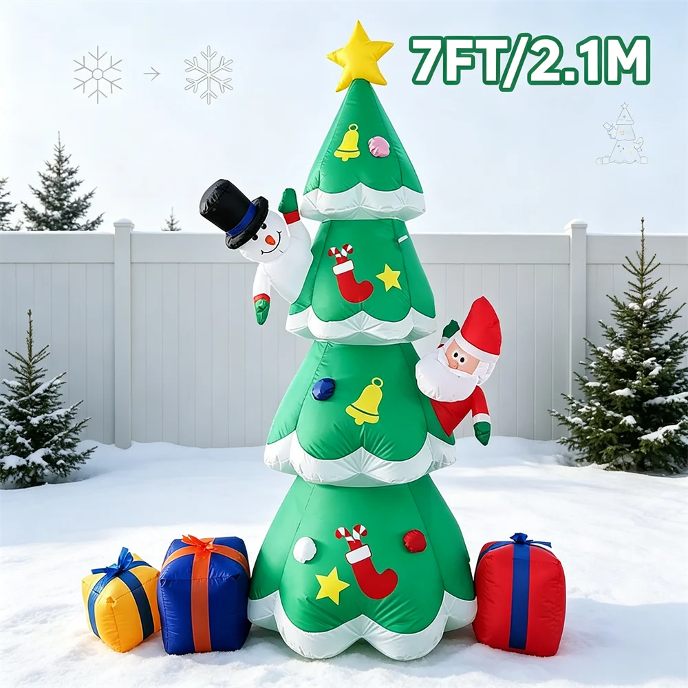7FT Light Up Christmas Inflatable Model Giant Blow Up Christmas Tree with Santa Snowman and Gift Boxes LED Outdoor Yard Decor
