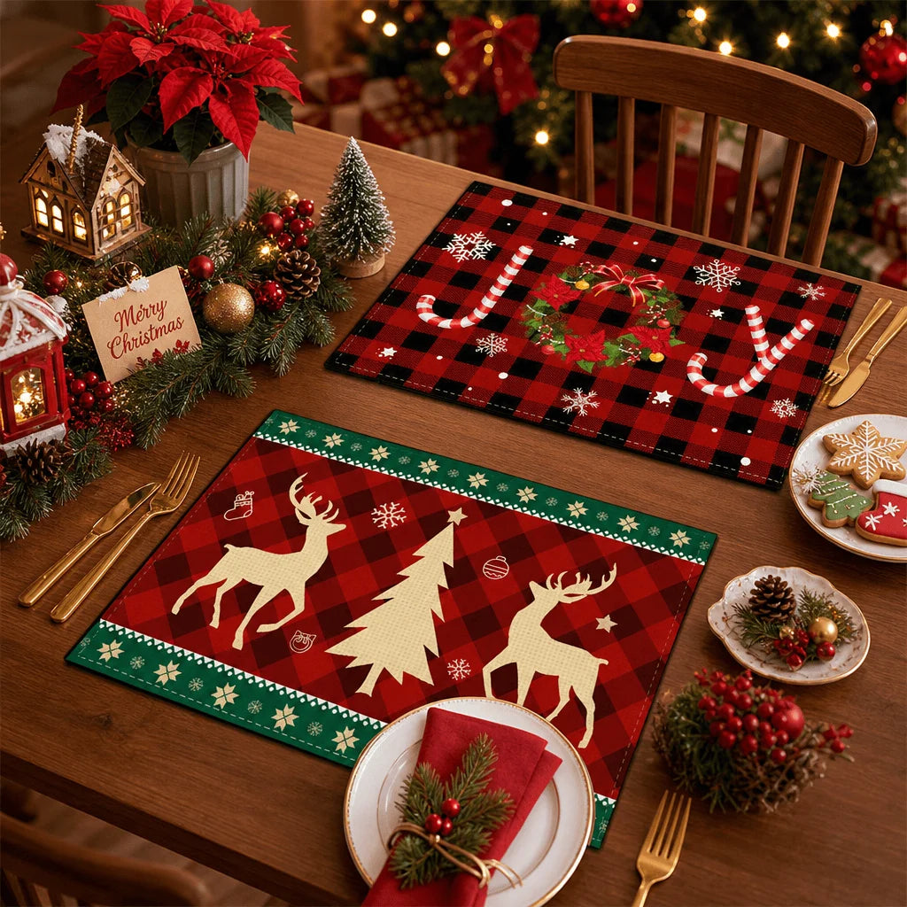 Christmas red Haig pattern linen meal printed rectangular table mat Christmas theme party western tableware mat
