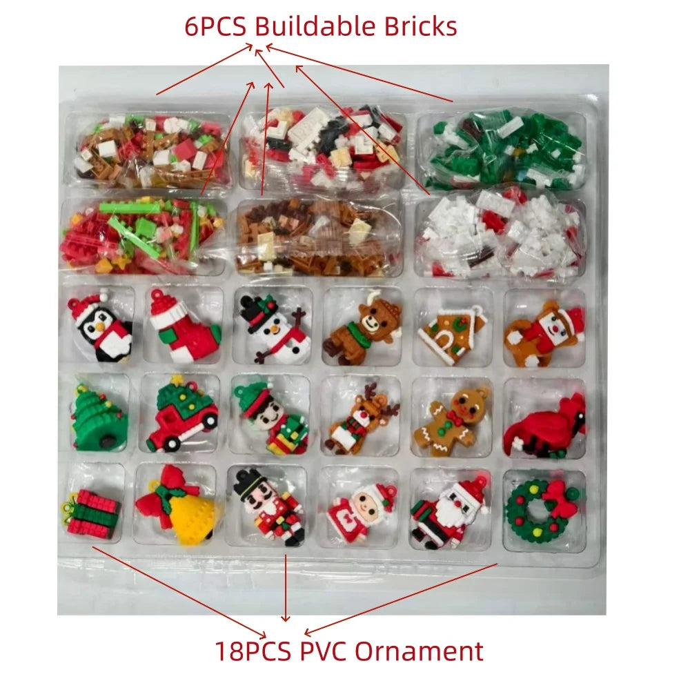 24-Day Mini Christmas Brick Ornament Advent Calendar,Unique Designs, Buildable Bricks, Hanging Loops Included, Holiday Countdown
