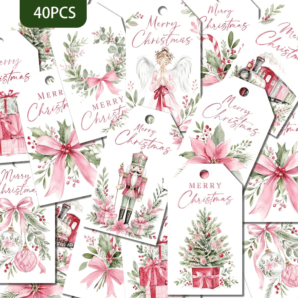 40pcs,Pink Girlish Gentle Christmas Decorative Tags,Holiday Gift Labels,Party Decorations, Handmade Packaging Accents, Jute Rope