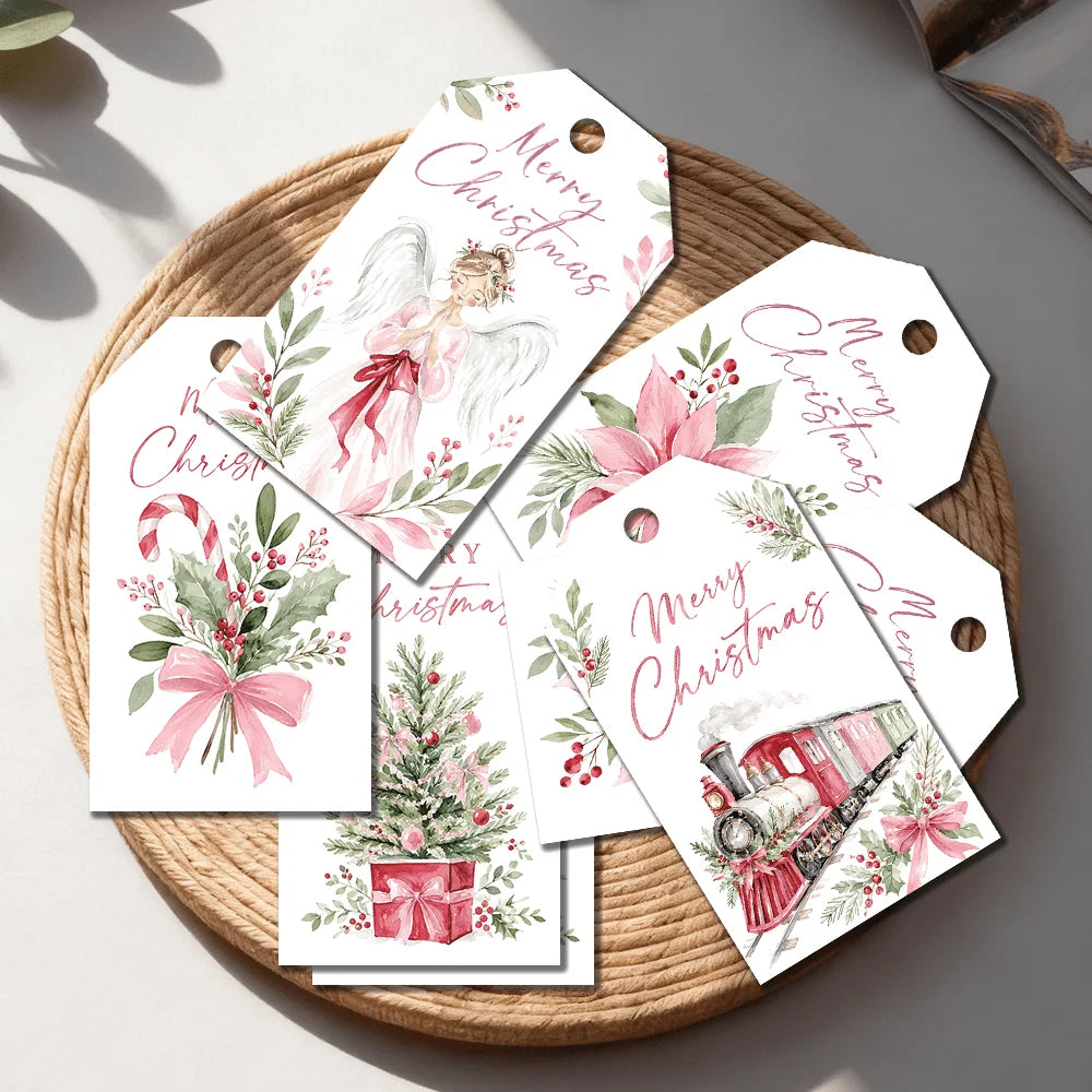 40pcs,Pink Girlish Gentle Christmas Decorative Tags,Holiday Gift Labels,Party Decorations, Handmade Packaging Accents, Jute Rope