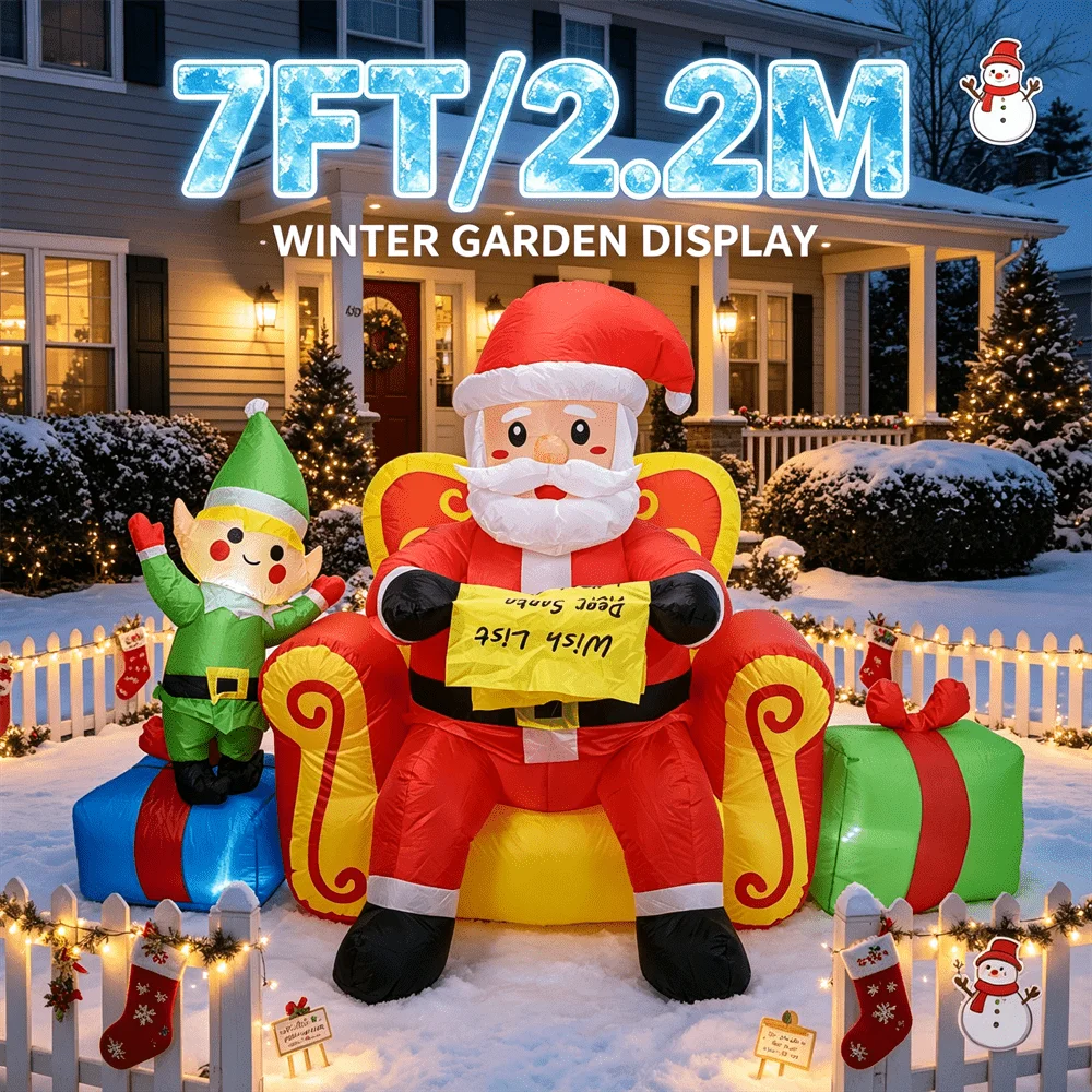 7FT Christmas Inflatable Toy LED Light Up Santa on Throne with Elf Wish List Inflatable Yard Decor Outdoor Lawn Xmas Decoration