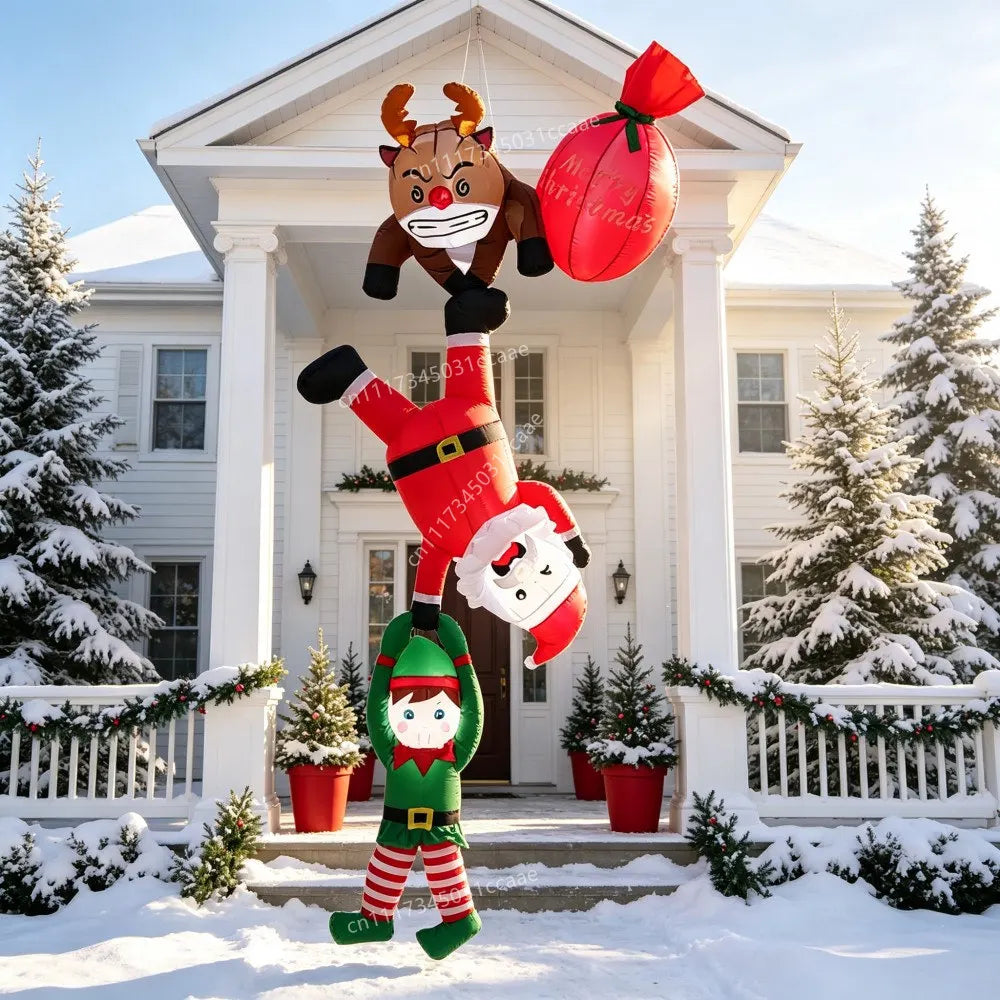 2.4M Christmas Inflatable Reindeer Upside Down To Save Santa Claus Elves Built LED Lights Indoor  Outdoor Roof Porch Decoration