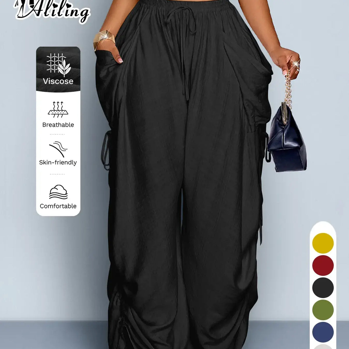 Women'S Casual Solid High Waist Wide Leg Pants, Side Drawstring Loose Long Pants, Large Pockets, All Seasons Fashion Office Wear Female Clothing Fit
