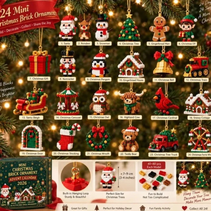 24-Day Mini Christmas Brick Ornament Advent Calendar,Unique Designs, Buildable Bricks, Hanging Loops Included, Holiday Countdown