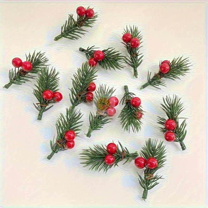 20 pieces of artificial Christmas pine branches with realistic red berries, plastic holiday flowers, DIY wreath accessories