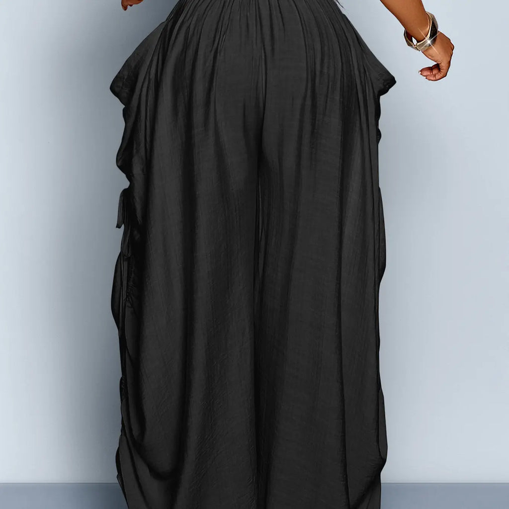 Women'S Casual Solid High Waist Wide Leg Pants, Side Drawstring Loose Long Pants, Large Pockets, All Seasons Fashion Office Wear Female Clothing Fit