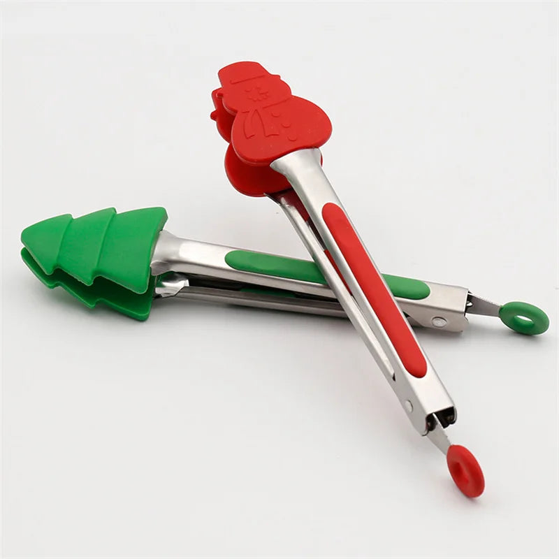 New Christmas Silicone Food Tong Gingerbread Man Snowman Xmas Tree Pattern Cooking Clip Steak Bread Clamp Kitchen BBQ Salad Tool