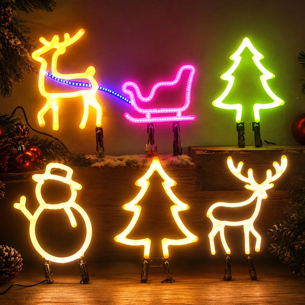 Christmas Decoration LED Neon Sign Light Deer Head LED Lamp Christmas Hat Elk Tree Snowflake Decor Room Wall Shop Window Hang