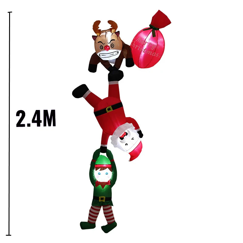 2.4M Christmas Inflatable Reindeer Upside Down To Save Santa Claus Elves Built LED Lights Indoor  Outdoor Roof Porch Decoration