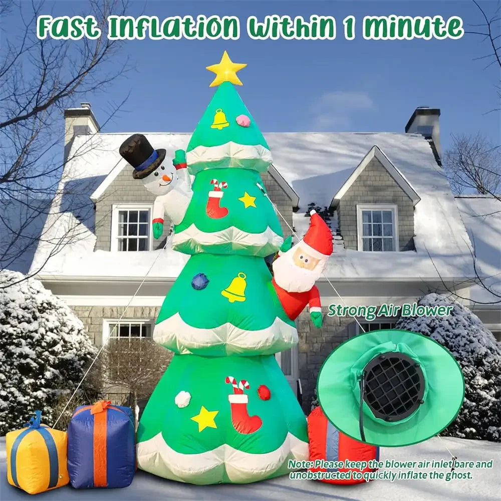 7FT Light Up Christmas Inflatable Model Giant Blow Up Christmas Tree with Santa Snowman and Gift Boxes LED Outdoor Yard Decor