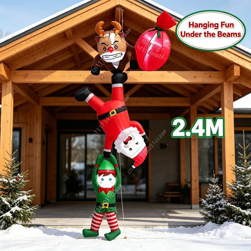 2.4M Christmas Inflatable Reindeer Upside Down To Save Santa Claus Elves Built LED Lights Indoor  Outdoor Roof Porch Decoration
