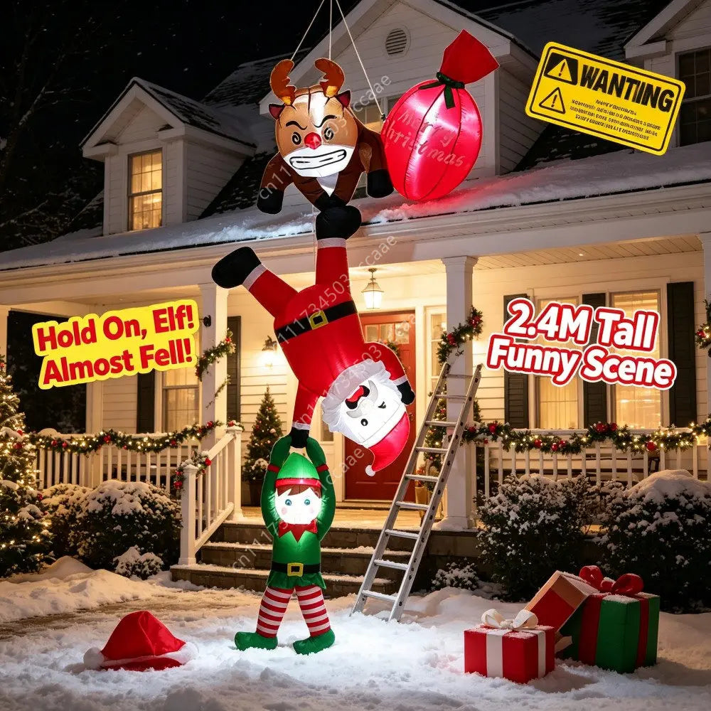 2.4M Christmas Inflatable Reindeer Upside Down To Save Santa Claus Elves Built LED Lights Indoor  Outdoor Roof Porch Decoration