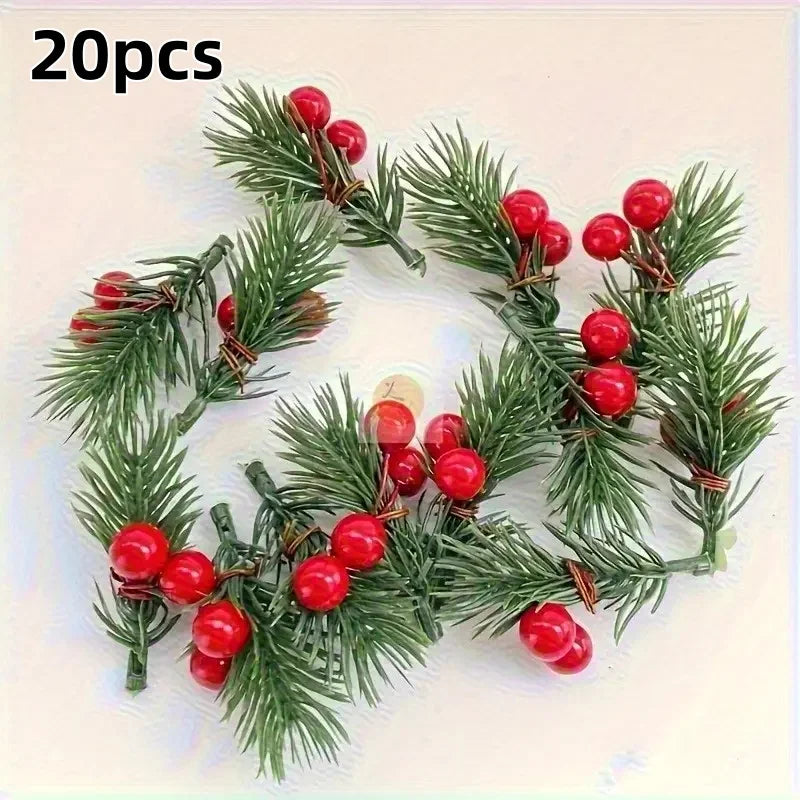 20 pieces of artificial Christmas pine branches with realistic red berries, plastic holiday flowers, DIY wreath accessories