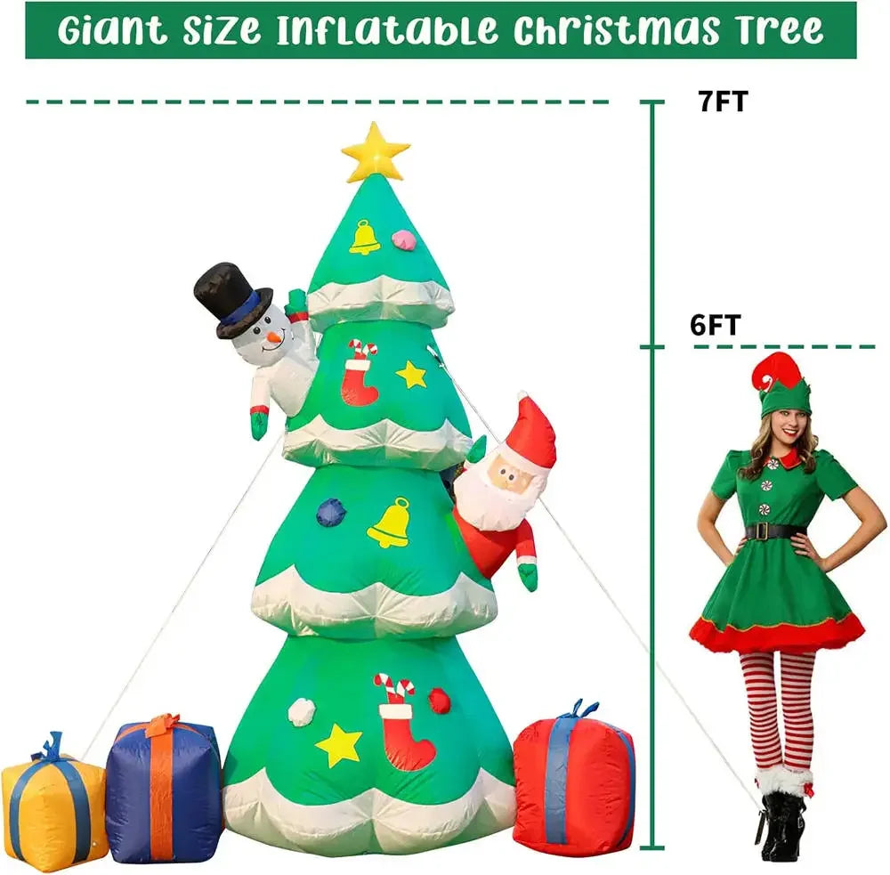 7FT Light Up Christmas Inflatable Model Giant Blow Up Christmas Tree with Santa Snowman and Gift Boxes LED Outdoor Yard Decor