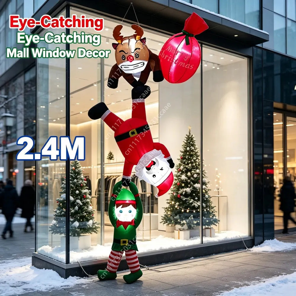 2.4M Christmas Inflatable Reindeer Upside Down To Save Santa Claus Elves Built LED Lights Indoor  Outdoor Roof Porch Decoration