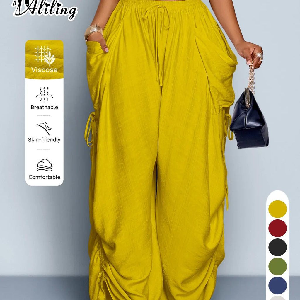 Women'S Casual Solid High Waist Wide Leg Pants, Side Drawstring Loose Long Pants, Large Pockets, All Seasons Fashion Office Wear Female Clothing Fit