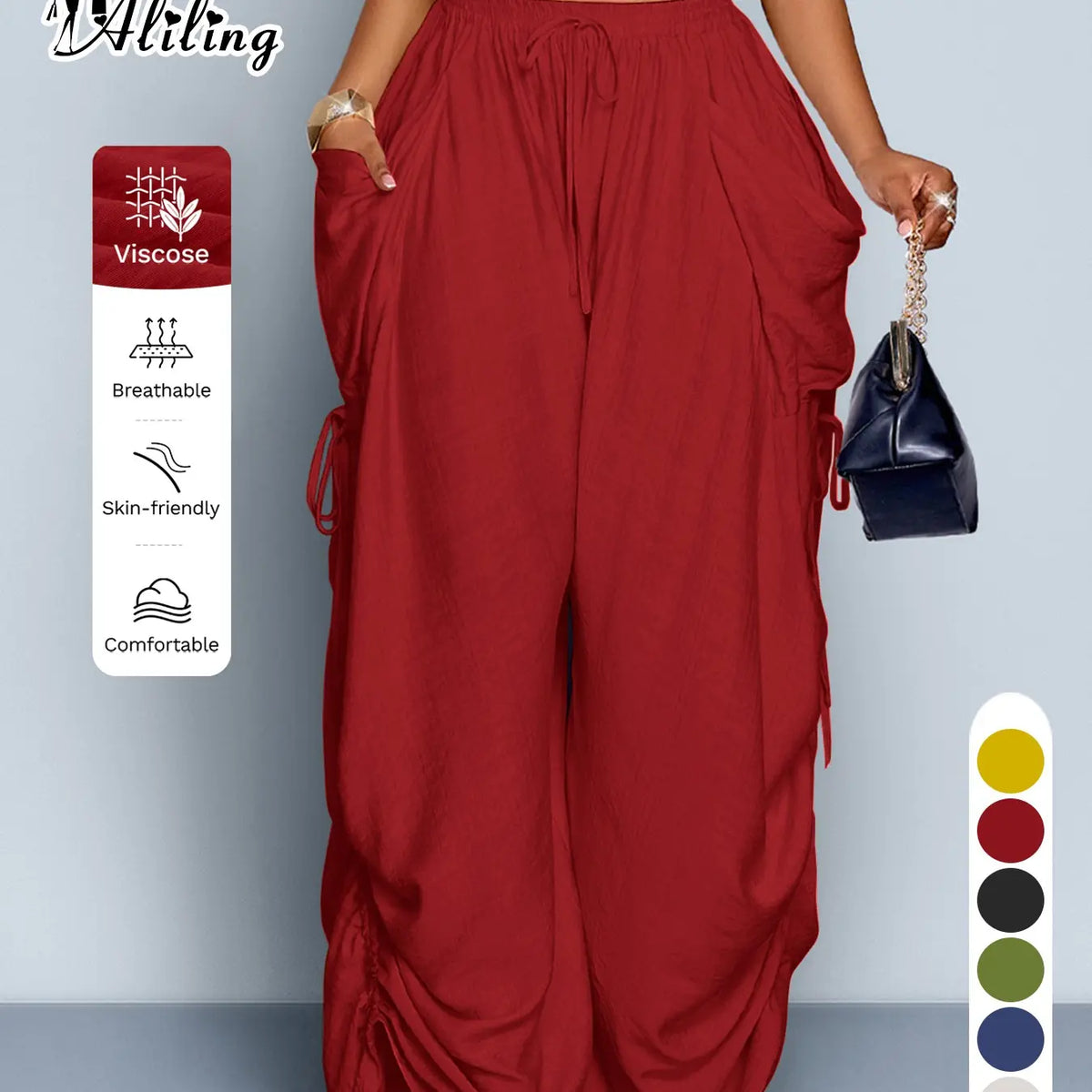 Women'S Casual Solid High Waist Wide Leg Pants, Side Drawstring Loose Long Pants, Large Pockets, All Seasons Fashion Office Wear Female Clothing Fit