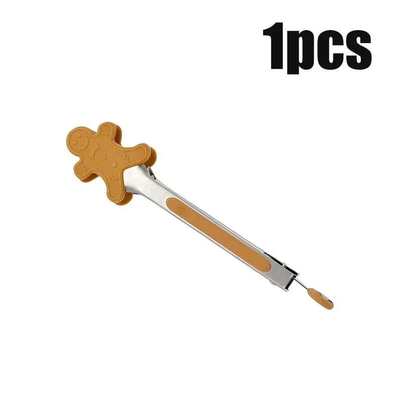 Stainless Steel Christmas Food Tongs Set with Silicone Gingerbread Man Snowman Christmas Tree for Cooking and Kitchen Use