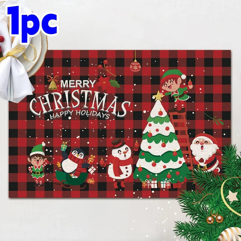 Christmas red Haig pattern linen meal printed rectangular table mat Christmas theme party western tableware mat