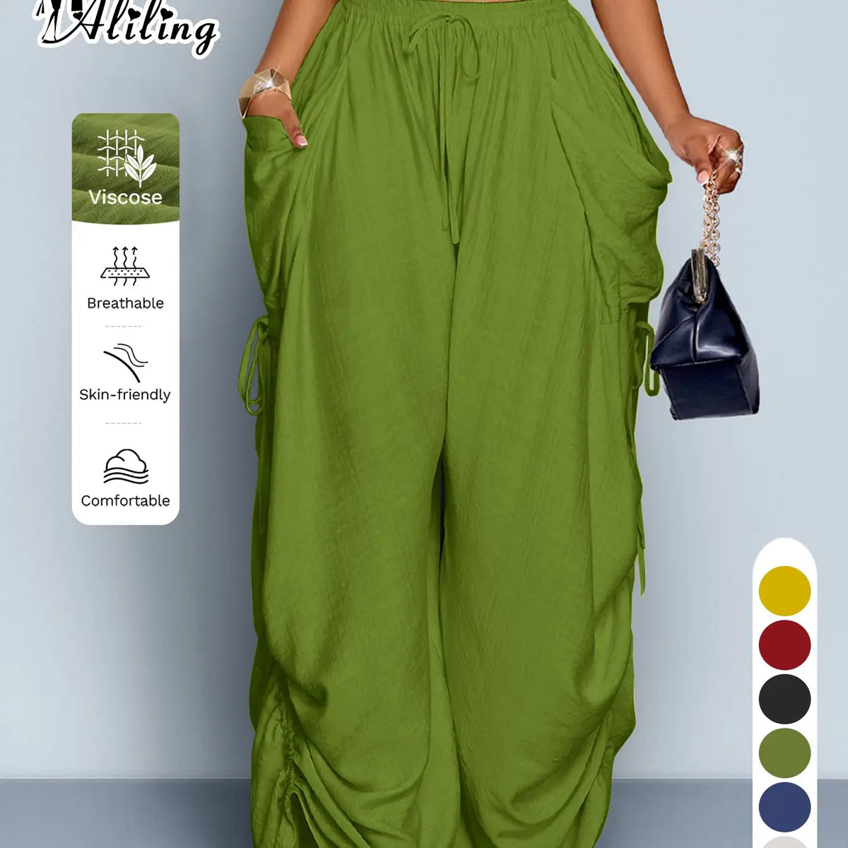 Women'S Casual Solid High Waist Wide Leg Pants, Side Drawstring Loose Long Pants, Large Pockets, All Seasons Fashion Office Wear Female Clothing Fit