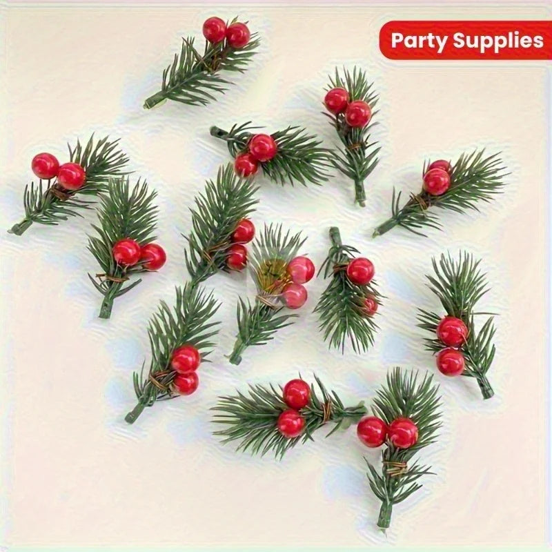 20 pieces of artificial Christmas pine branches with realistic red berries, plastic holiday flowers, DIY wreath accessories