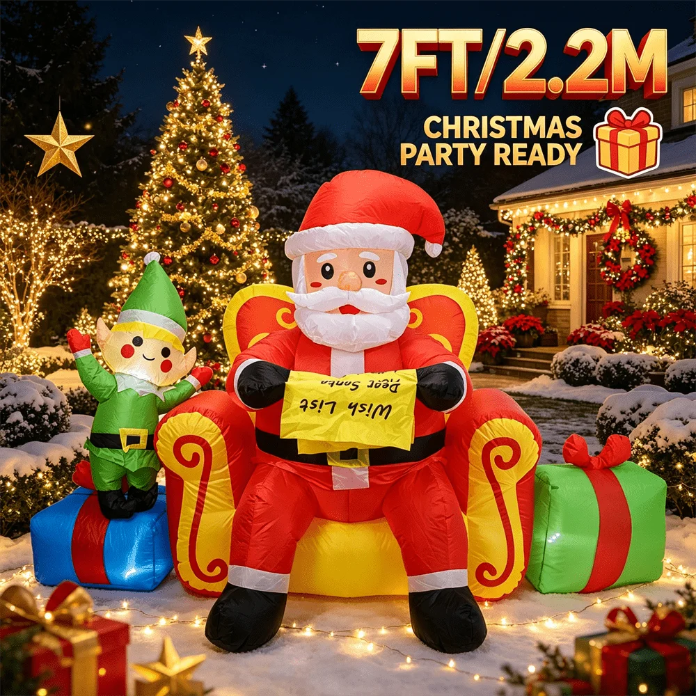 7FT Christmas Inflatable Toy LED Light Up Santa on Throne with Elf Wish List Inflatable Yard Decor Outdoor Lawn Xmas Decoration