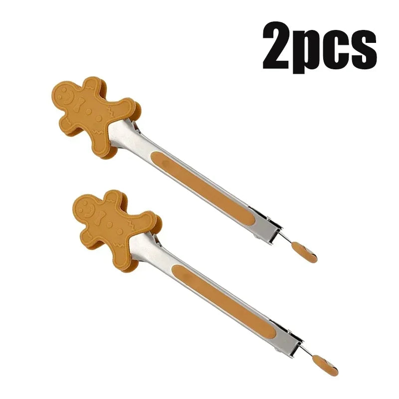 Stainless Steel Christmas Food Tongs Set with Silicone Gingerbread Man Snowman Christmas Tree for Cooking and Kitchen Use