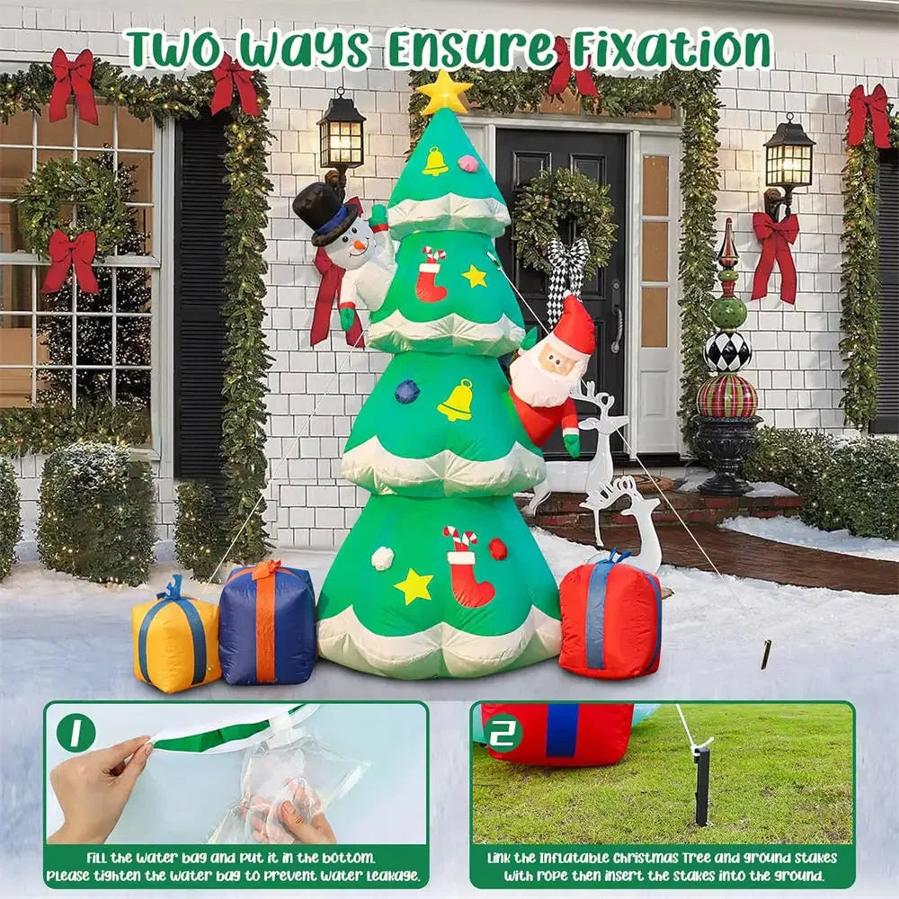 7FT Light Up Christmas Inflatable Model Giant Blow Up Christmas Tree with Santa Snowman and Gift Boxes LED Outdoor Yard Decor