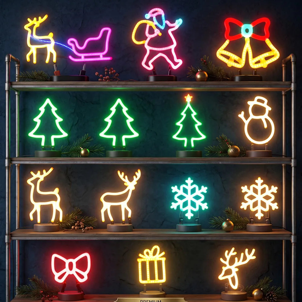 Christmas Decoration LED Neon Sign Light Deer Head LED Lamp Christmas Hat Elk Tree Snowflake Decor Room Wall Shop Window Hang