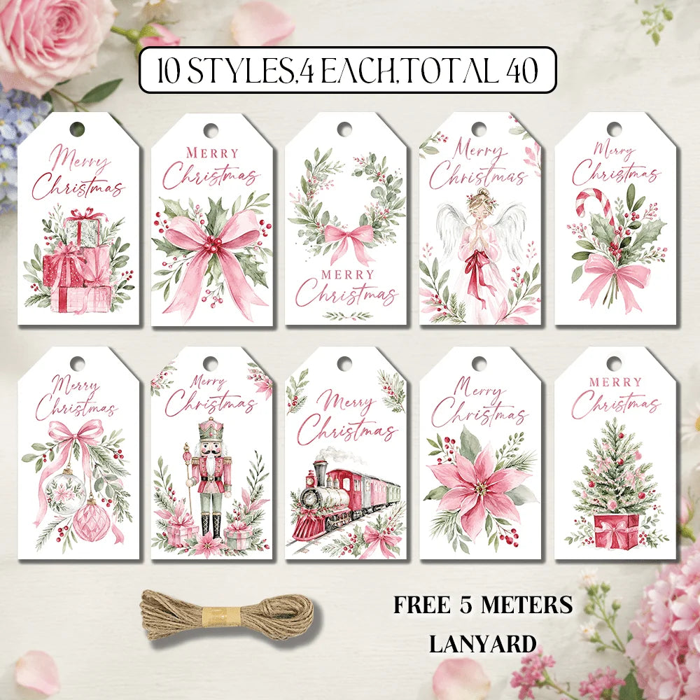 40pcs,Pink Girlish Gentle Christmas Decorative Tags,Holiday Gift Labels,Party Decorations, Handmade Packaging Accents, Jute Rope