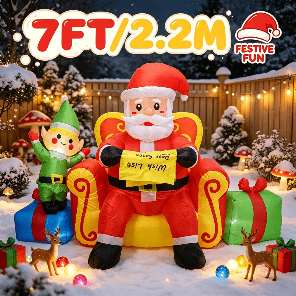 7FT Christmas Inflatable Toy LED Light Up Santa on Throne with Elf Wish List Inflatable Yard Decor Outdoor Lawn Xmas Decoration
