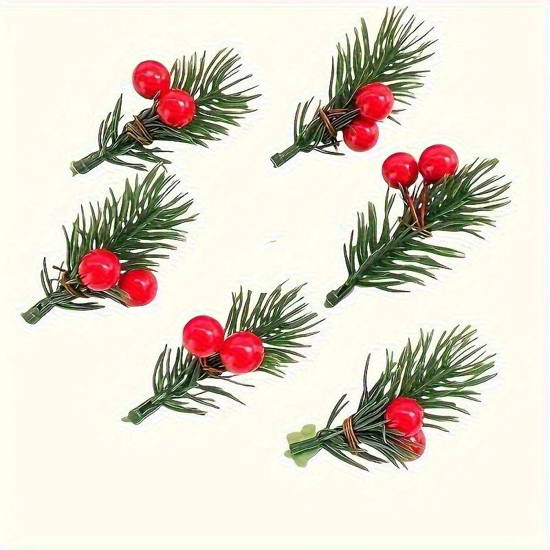20 pieces of artificial Christmas pine branches with realistic red berries, plastic holiday flowers, DIY wreath accessories