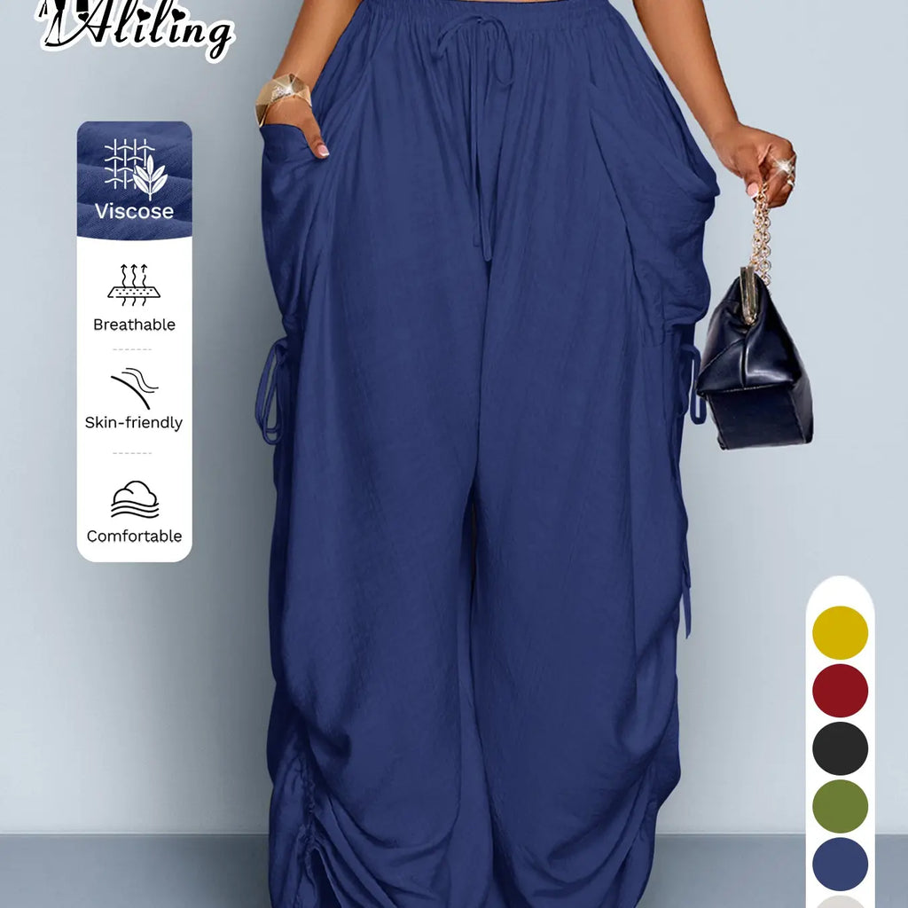 Women'S Casual Solid High Waist Wide Leg Pants, Side Drawstring Loose Long Pants, Large Pockets, All Seasons Fashion Office Wear Female Clothing Fit
