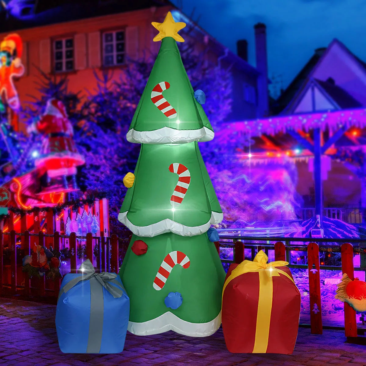 Christmas Inflatable Decorations - Branch Snowman, Santa Claus, Gingerbread Man, Gift Bag Snowman LED Light Lawn Decorations