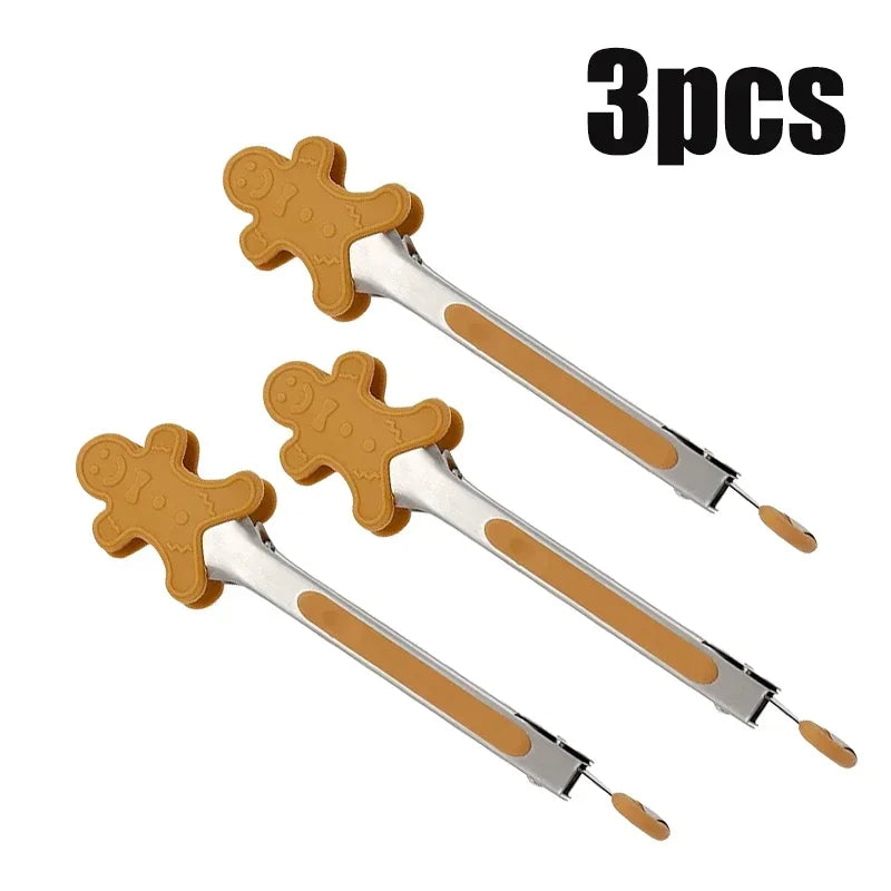 Stainless Steel Christmas Food Tongs Set with Silicone Gingerbread Man Snowman Christmas Tree for Cooking and Kitchen Use