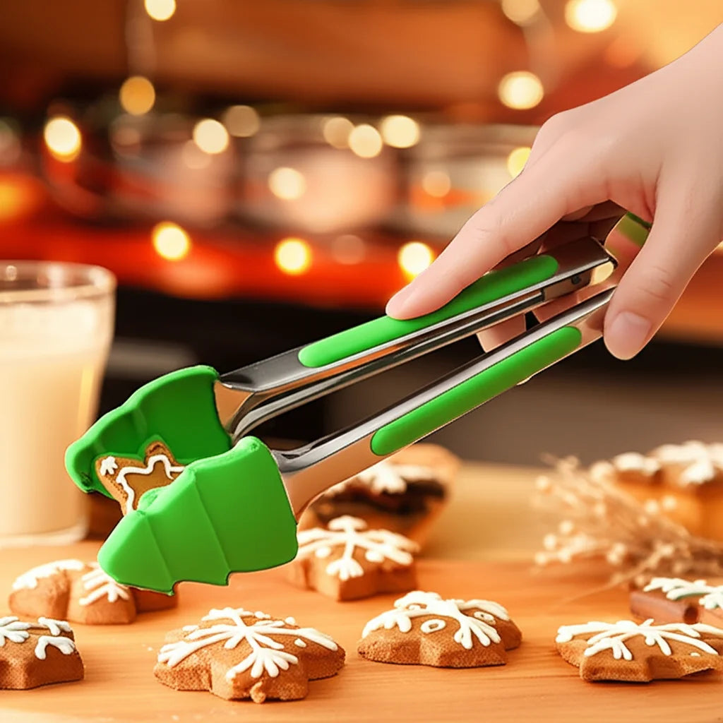 Stainless Steel Christmas Food Tongs Set with Silicone Gingerbread Man Snowman Christmas Tree for Cooking and Kitchen Use
