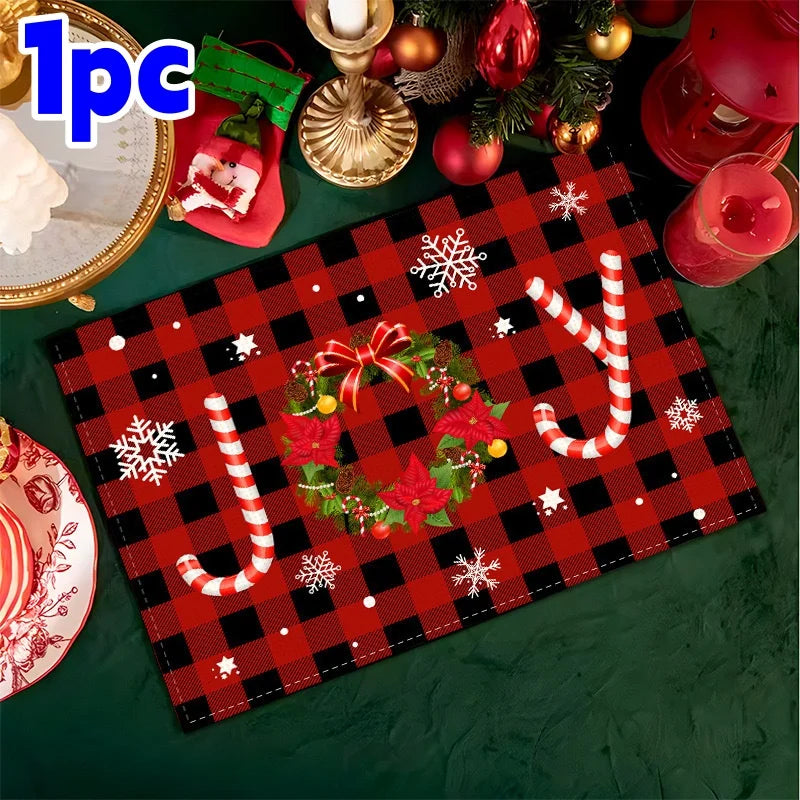 Christmas red Haig pattern linen meal printed rectangular table mat Christmas theme party western tableware mat