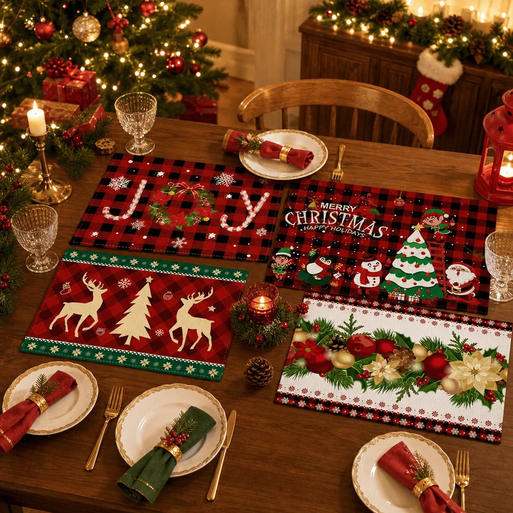 Christmas red Haig pattern linen meal printed rectangular table mat Christmas theme party western tableware mat