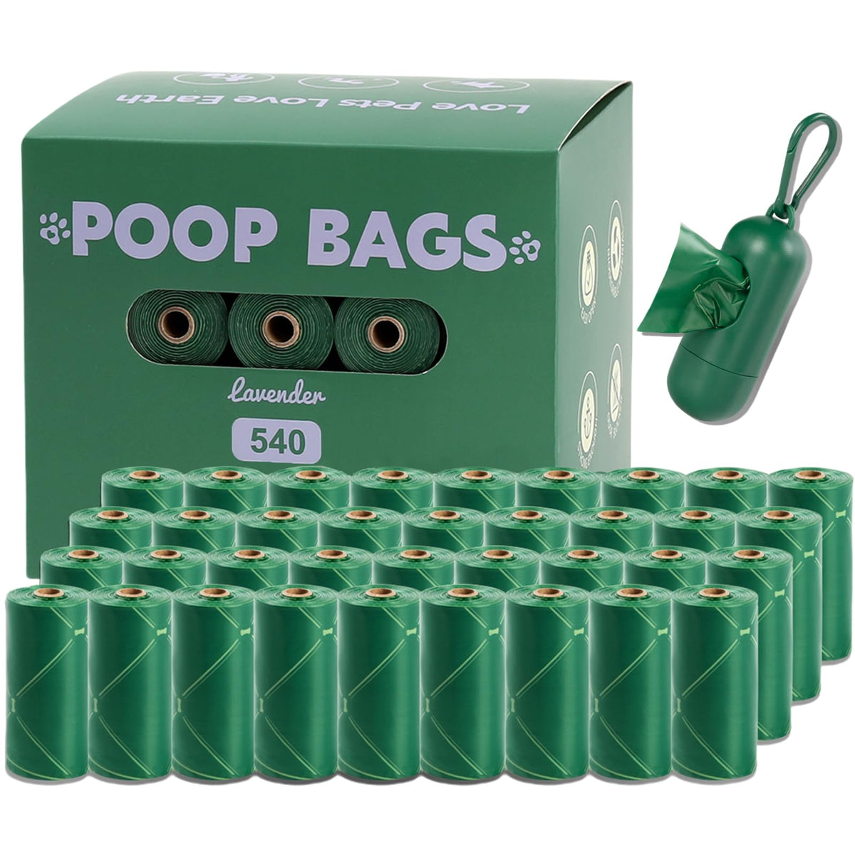 CGBD Dog Poop Bags 540 Count Dog Waste Bags with Dispenser Extra Thick Strong 100% Leak Proof Doggy Poop Bags Rolls 13" x 9" Green Dog Bags for Poop Lavender Scented Doggie Poop Bags for Dogs Cat