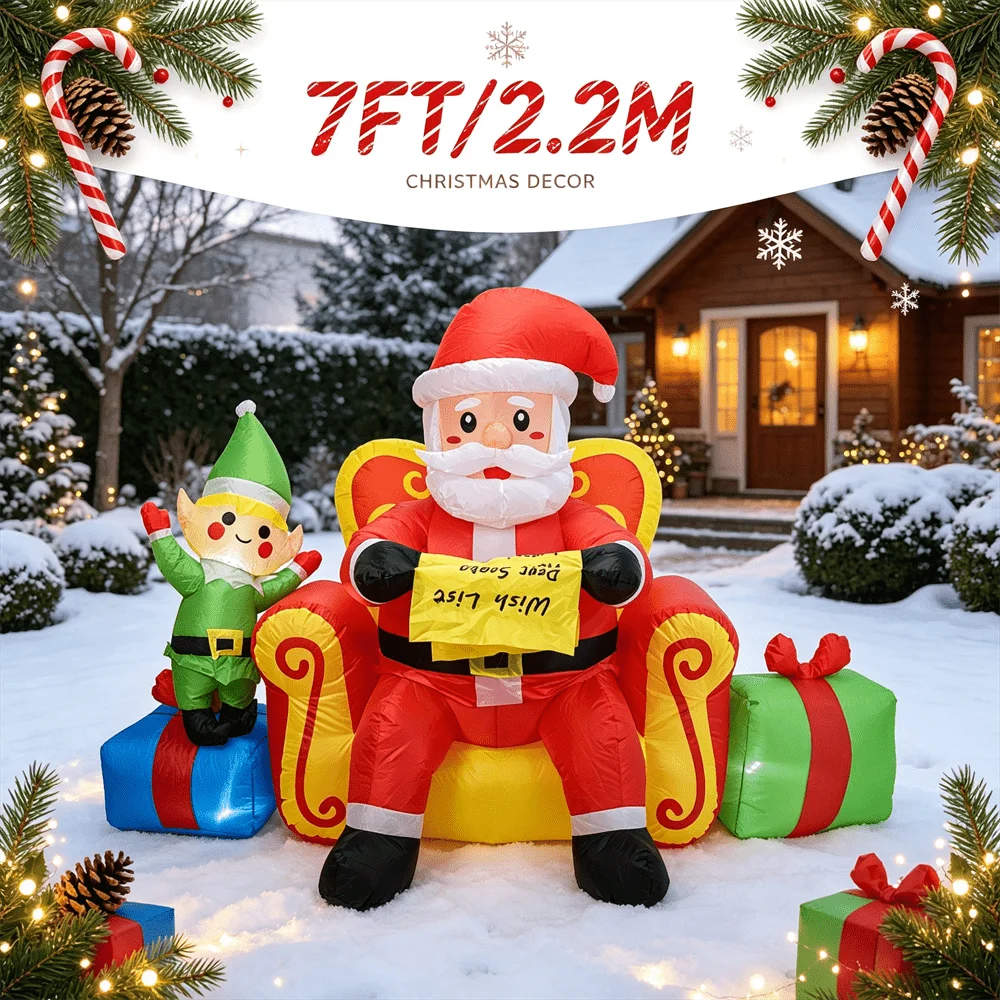 7FT Christmas Inflatable Toy LED Light Up Santa on Throne with Elf Wish List Inflatable Yard Decor Outdoor Lawn Xmas Decoration